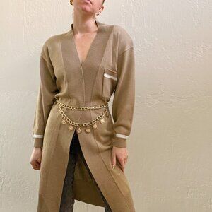 Vintage 1980's Neutral Tan Long Duster Knit Cardigan Sweater